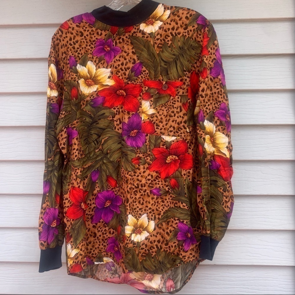 Vintage animal print tropical farm Rio floral long sleeve button back blouse 10